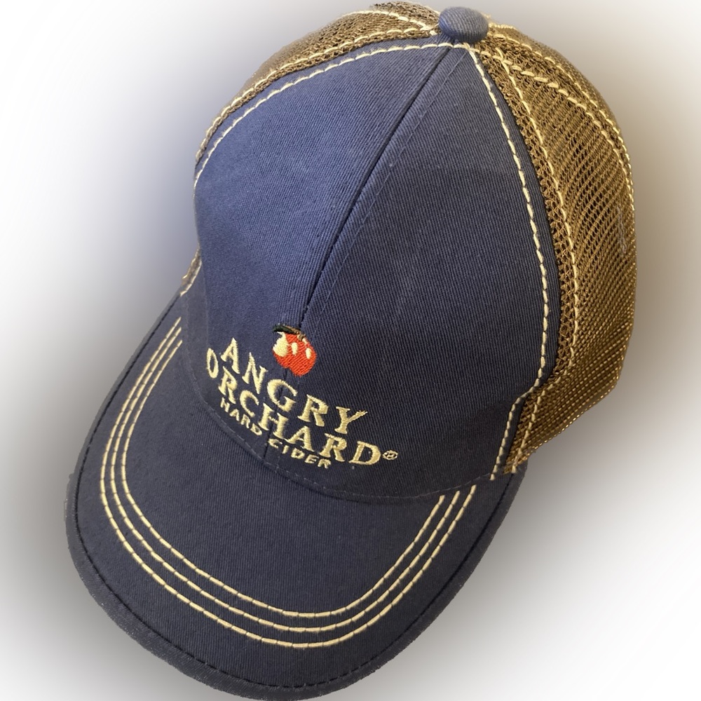 ANGRY ORCHARD Hard Cider Blue/Brown Baseball Trucker Distress Cap Hat Snapback.